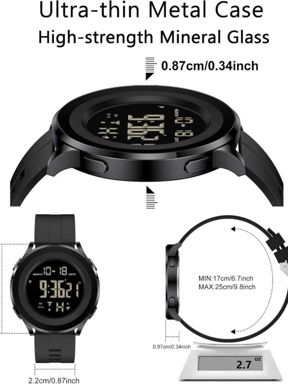 Men's Black Waterproof Tactical Military Digital Sports Watch - Durable
